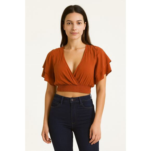 Windsor Women's Rust Orange Crop Top Size Large Bell Sleeves V Neck - Picture 1 of 5